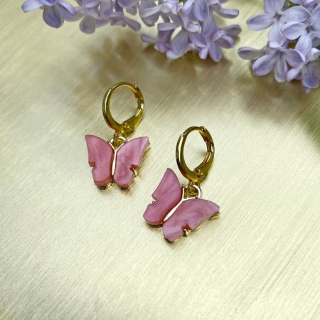 Сережки Перламутрові "Метелики" рожеві гіпоалергенні швензи кольору золото d-14мм L-22мм
