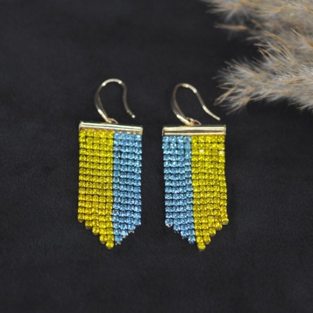 Стразові сережки каскад "Україна" шир.-20мм вис.-70мм колір фурнітури золото
