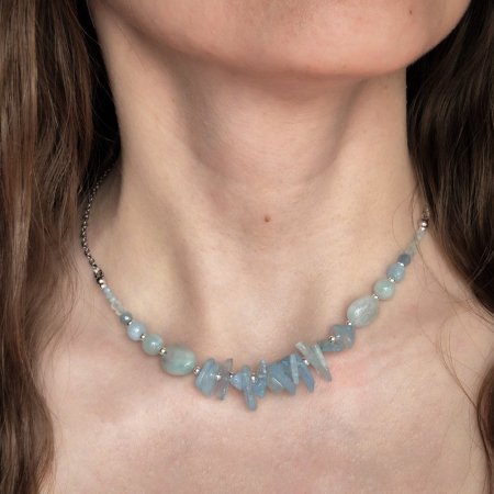Підвіска на ланцюжку натуральний Аквамарин, фур-ра гіп-сплав колір срібло d-15-2мм+- L-38-43см