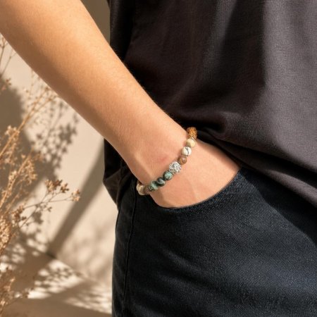 Браслет чоловічий матова Яшма, Рудракша +вставка Лев, гіп-ний сплав колір срібло d-8мм+- L-20см